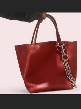 Alexander Wang Red Genuine Leather Studded Tote Bag with Silver Chain Accent